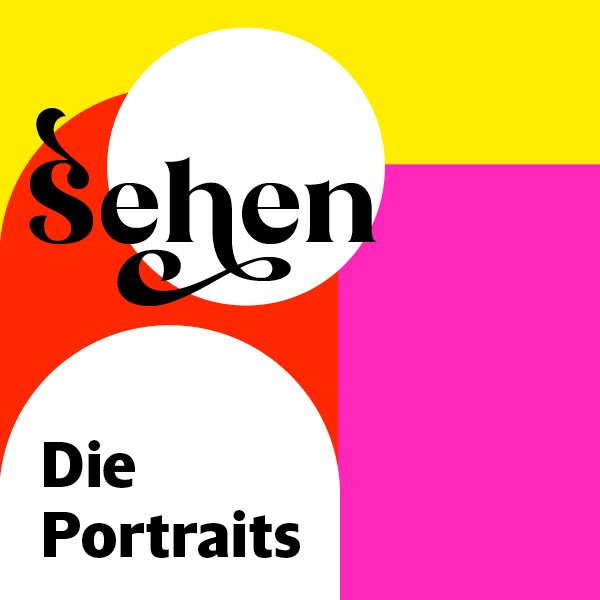 Eine farbenfrohe Kachel mit der Beschriftung "Sehen. Die Portraits."